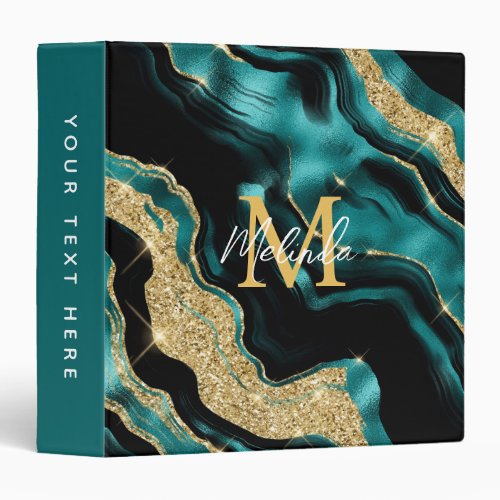 Teal Blue and Gold Abstract Agate 3 Ring Binder