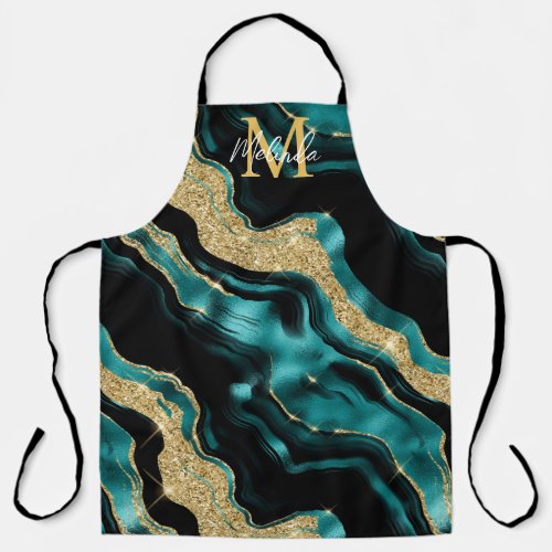 Teal Blue and Gold Abstract Agate Apron