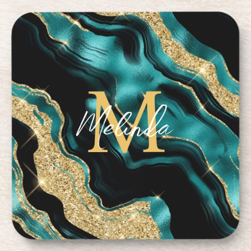 Teal Blue and Gold Abstract Agate Beverage Coaster