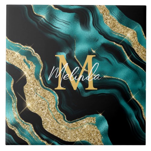 Teal Blue and Gold Abstract Agate Ceramic Tile