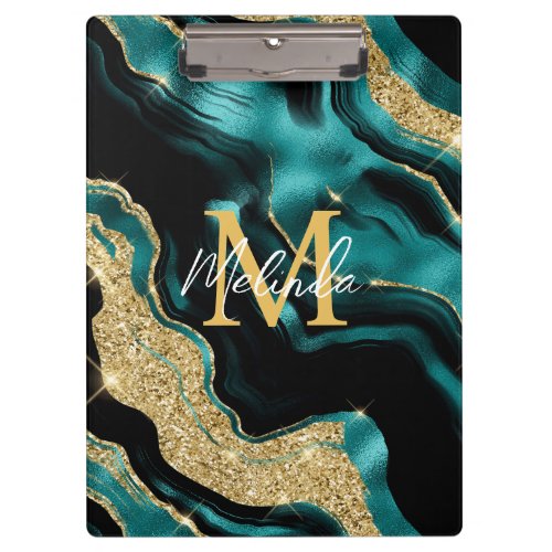 Teal Blue and Gold Abstract Agate Clipboard