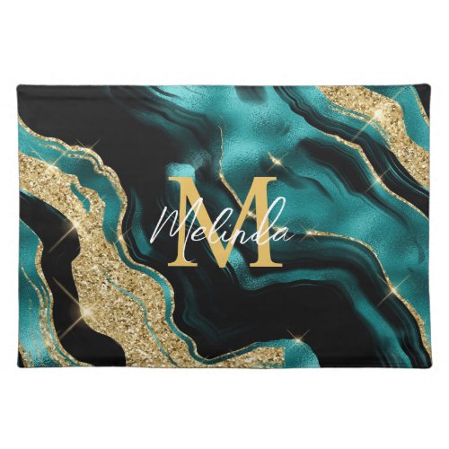 Teal Blue and Gold Abstract Agate Cloth Placemat