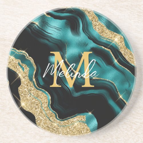 Teal Blue and Gold Abstract Agate Coaster