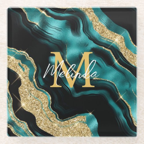 Teal Blue and Gold Abstract Agate Glass Coaster