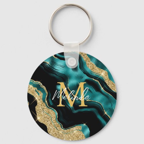 Teal Blue and Gold Abstract Agate Keychain
