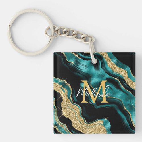 Teal Blue and Gold Abstract Agate Keychain