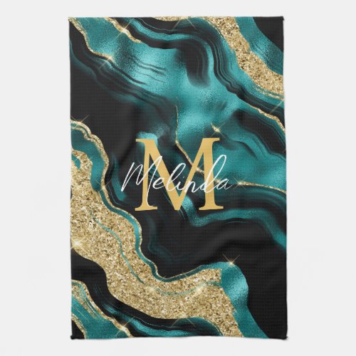 Teal Blue and Gold Abstract Agate Kitchen Towel