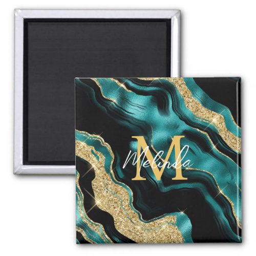 Teal Blue and Gold Abstract Agate Magnet