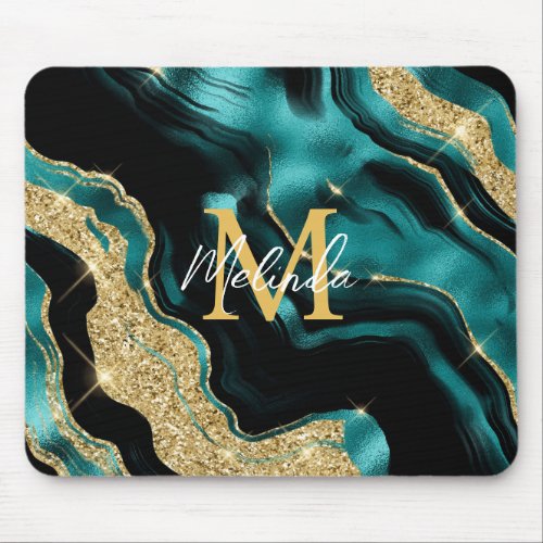 Teal Blue and Gold Abstract Agate Mouse Pad