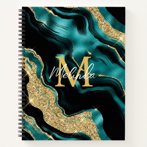 Teal Blue and Gold Abstract Agate Notebook
