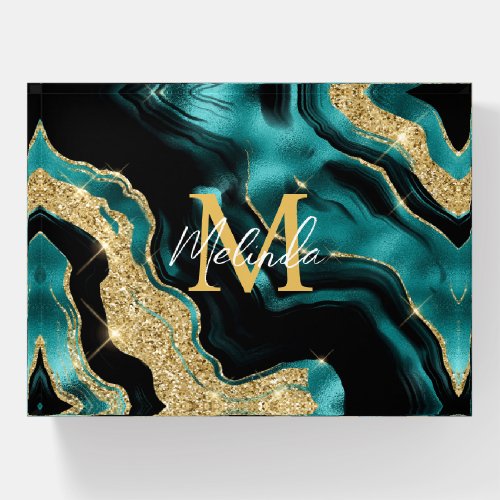 Teal Blue and Gold Abstract Agate Paperweight