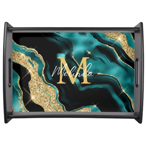 Teal Blue and Gold Abstract Agate Serving Tray