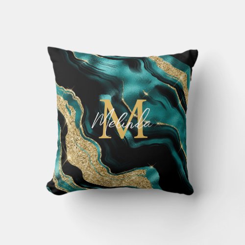 Teal Blue and Gold Abstract Agate Throw Pillow
