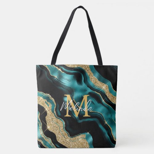 Teal Blue and Gold Abstract Agate Tote Bag