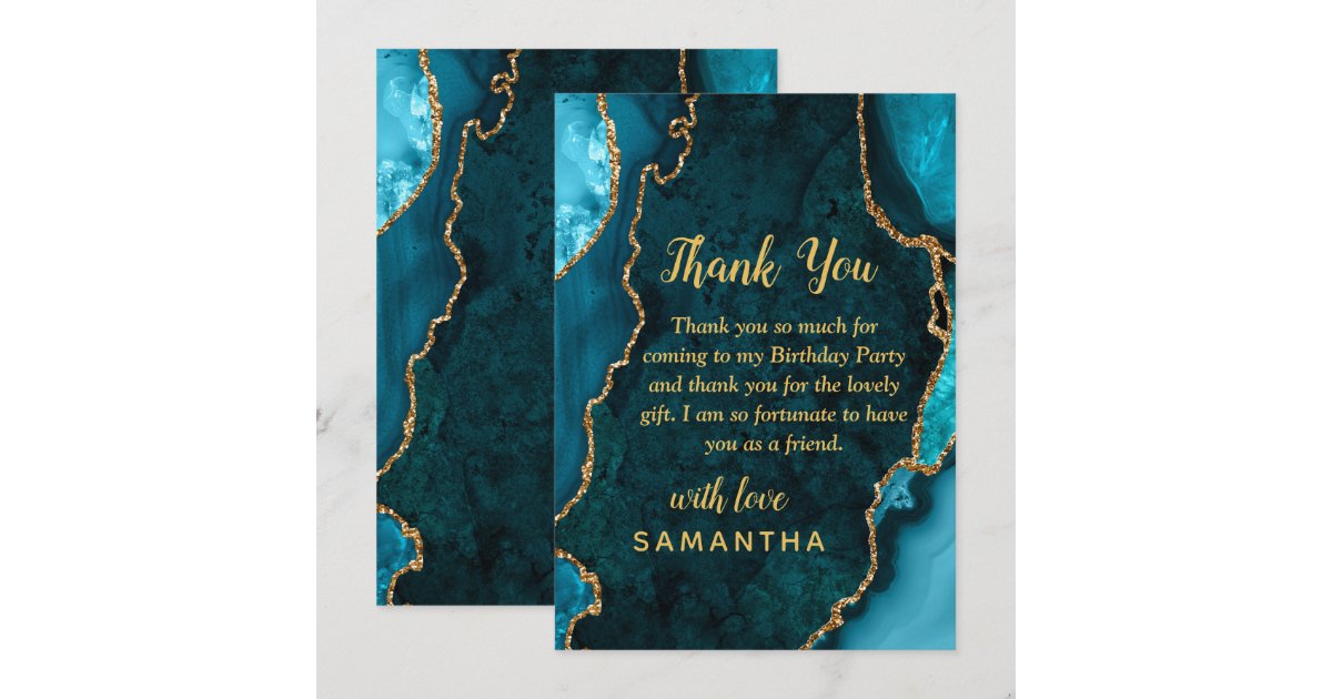 Teal Blue and Gold Agate Birthday Party Thank You Card | Zazzle
