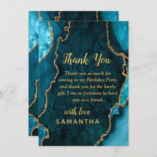 Teal Blue and Gold Agate Birthday Party Thank You Card