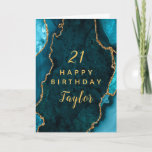 Teal Blue and Gold Agate Happy Birthday Card<br><div class="desc">This elegant and glamorous birthday card can be personalized with a name or title such as mom, daughter, granddaughter, niece, friend etc. The design features a teal blue agate marble background with faux gold glitter accents. The text combines handwritten script and modern sans serif fonts for a classy and sophisticated...</div>