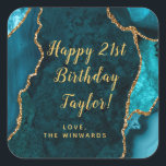Teal Blue and Gold Agate Happy Birthday Square Sticker<br><div class="desc">This elegant and glamorous sticker can be personalized with a name or title such as mom, daughter, granddaughter, niece, friend etc. The design features a teal blue agate marble background with faux gold glitter accents. The text combines handwritten script and modern sans serif fonts for a classy and sophisticated look....</div>