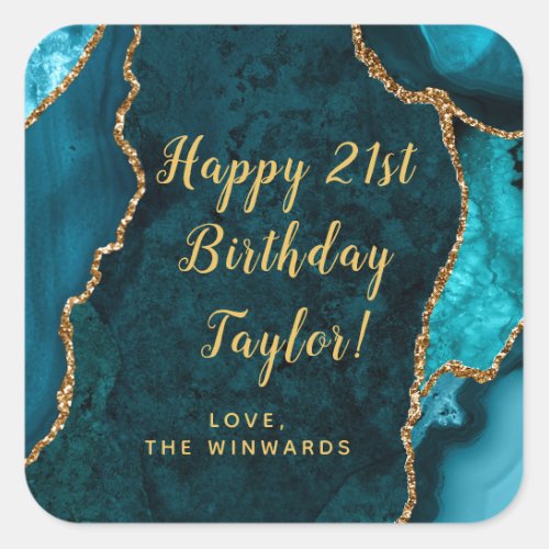 Teal Blue and Gold Agate Happy Birthday Square Sticker