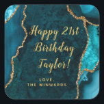 Teal Blue and Gold Agate Happy Birthday Square Sticker<br><div class="desc">This elegant and glamorous sticker can be personalized with a name or title such as mom, daughter, granddaughter, niece, friend etc. The design features a teal blue agate marble background with faux gold glitter accents. The text combines handwritten script and modern sans serif fonts for a classy and sophisticated look....</div>