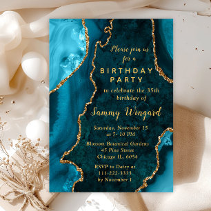 Teal Blue and Gold Agate Marble Birthday Party Invitation