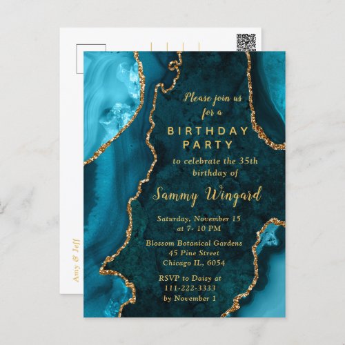 Teal Blue and Gold Agate Marble Birthday Party Postcard