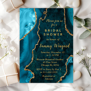 Teal Blue and Gold Agate Marble Bridal Shower Invitation