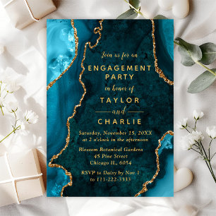 Teal Blue and Gold Agate Marble Engagement Party Invitation