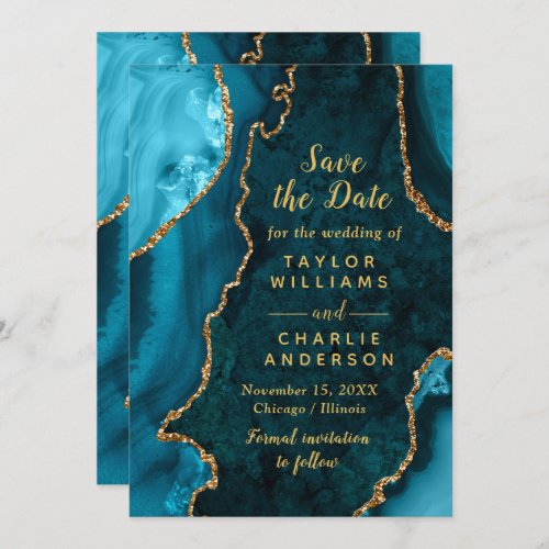 Teal Blue and Gold Agate Marble Save The Date Invitation