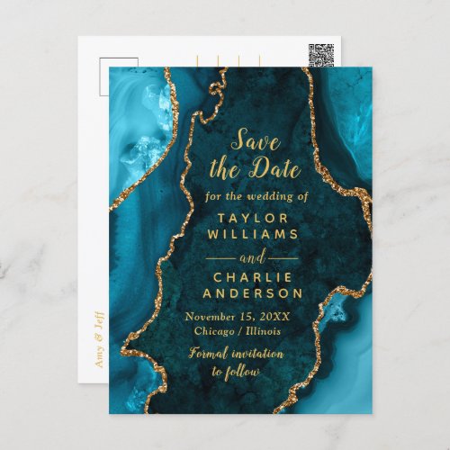 Teal Blue and Gold Agate Marble Save The Date Postcard