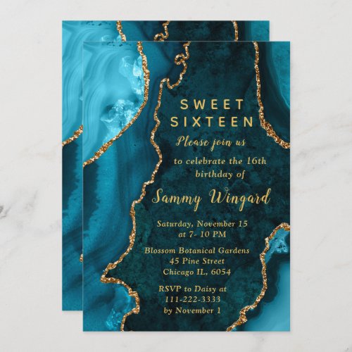 Teal Blue and Gold Agate Marble Sweet Sixteen Invitation