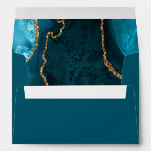 Teal Blue and Gold Agate Marble Wedding Envelope