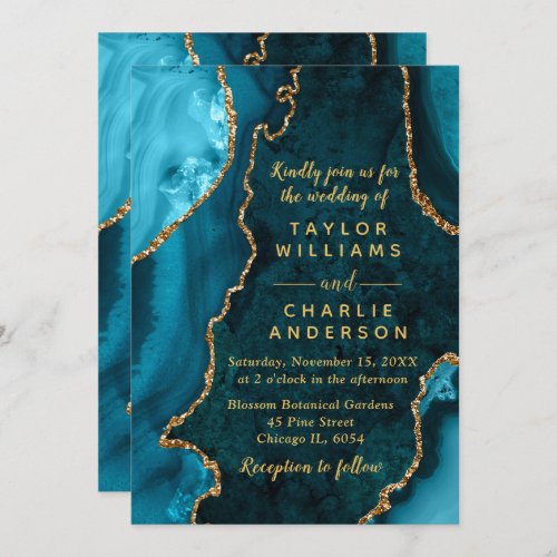 Teal Blue and Gold Agate Marble Wedding Invitation