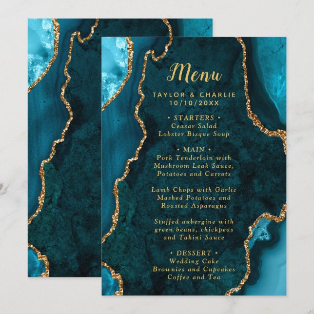 Teal Blue and Gold Agate Marble Wedding Menu (Front/Back)