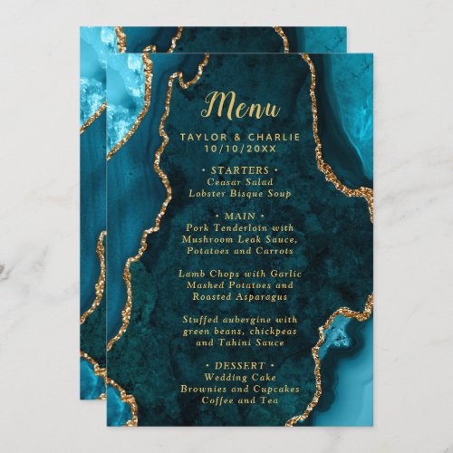 Teal Blue and Gold Agate Marble Wedding Menu