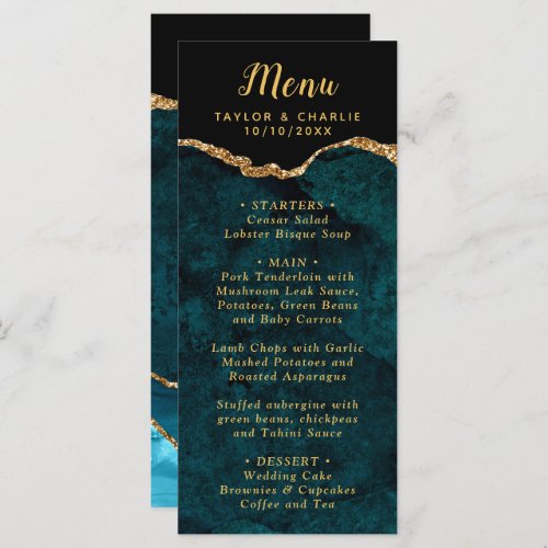 Teal Blue and Gold Agate Marble Wedding Menu