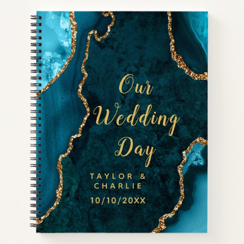 Teal Blue and Gold Agate Marble Wedding Notebook