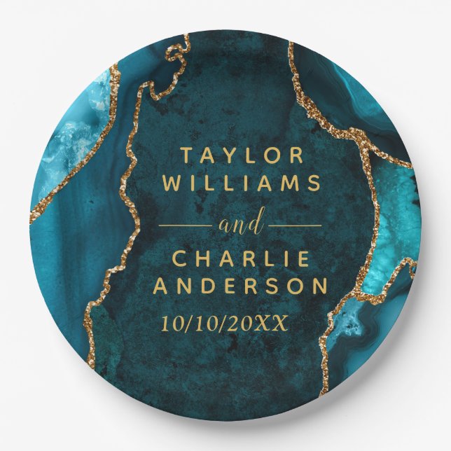Teal Blue and Gold Agate Marble Wedding Paper Plates (Front)