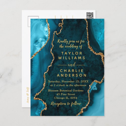 Teal Blue and Gold Agate Marble Wedding Postcard