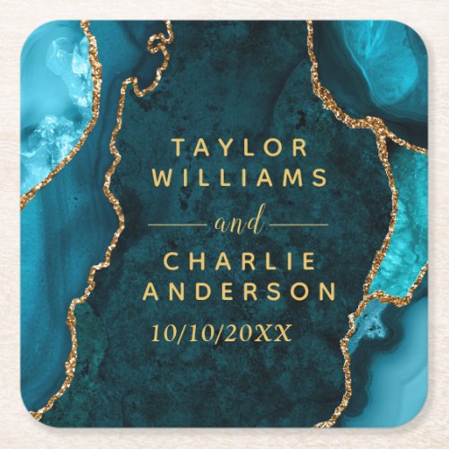 Teal Blue and Gold Agate Marble Wedding Square Paper Coaster