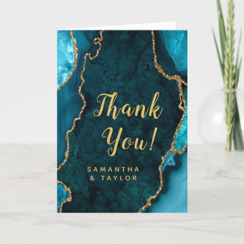 Teal Blue and Gold Agate Marble Wedding Thank You Card