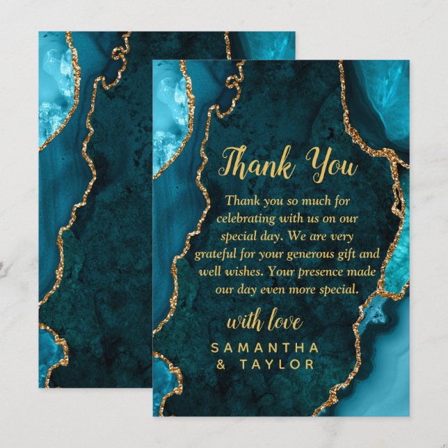 Teal Blue and Gold Agate Marble Wedding Thank You Card (Front/Back)