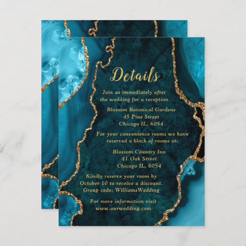 Teal Blue and Gold Agate Wedding Details Enclosure Card