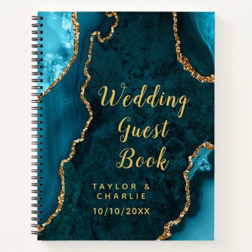 Teal Blue and Gold Agate Wedding Guest Book