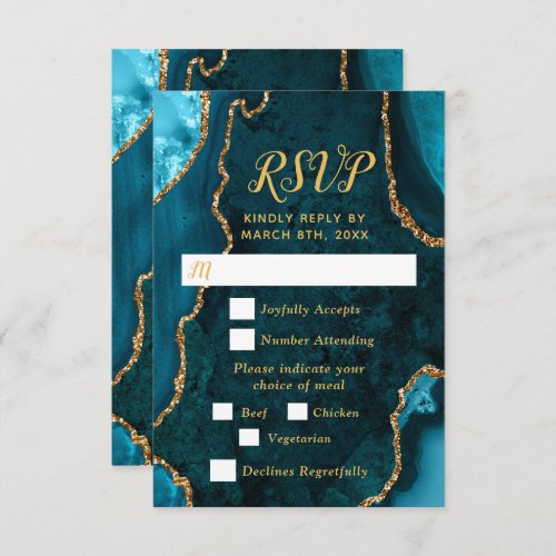 Teal Blue and Gold Agate Wedding Meal Choice RSVP Card