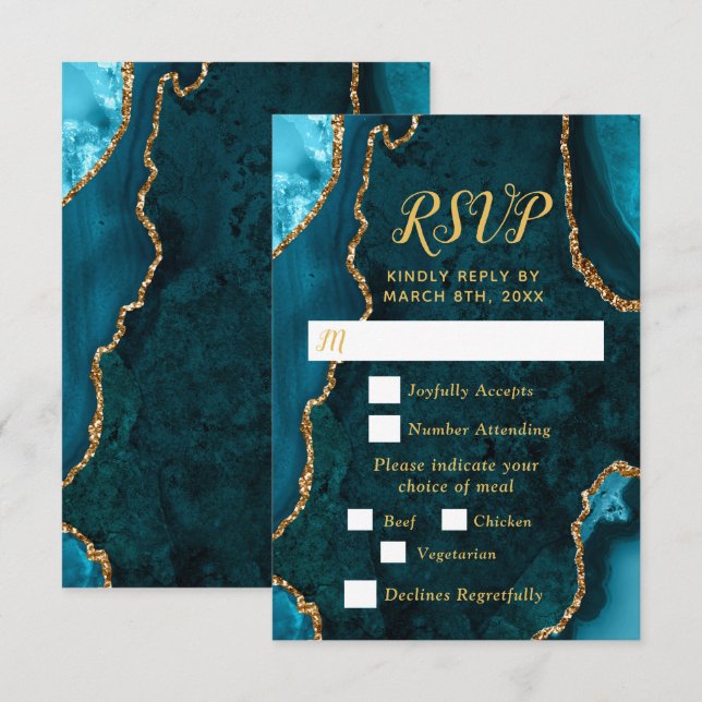 Teal Blue and Gold Agate Wedding Meal Choice RSVP Card (Front/Back)