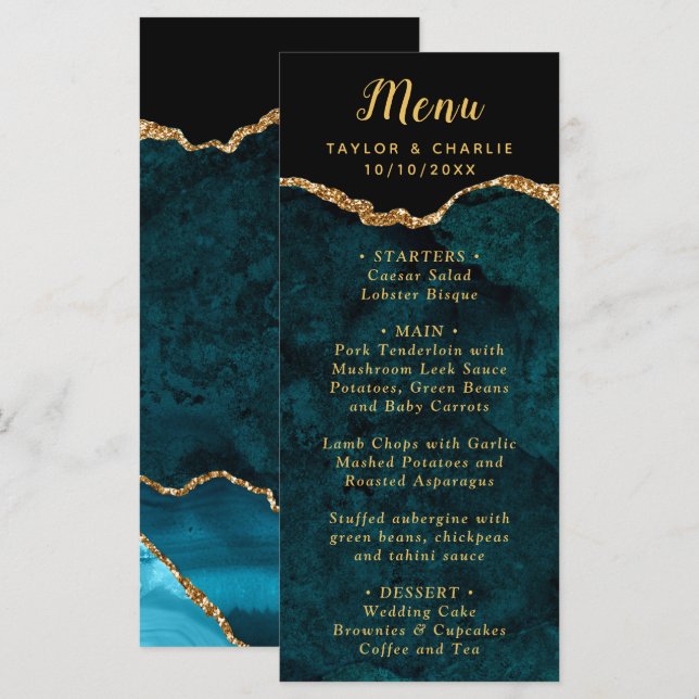 Teal Blue and Gold Agate Wedding Menu (Front/Back)