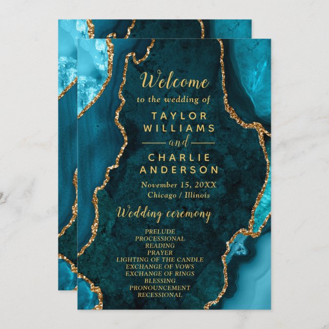 Teal Blue and Gold Agate Wedding Program (Front/Back)
