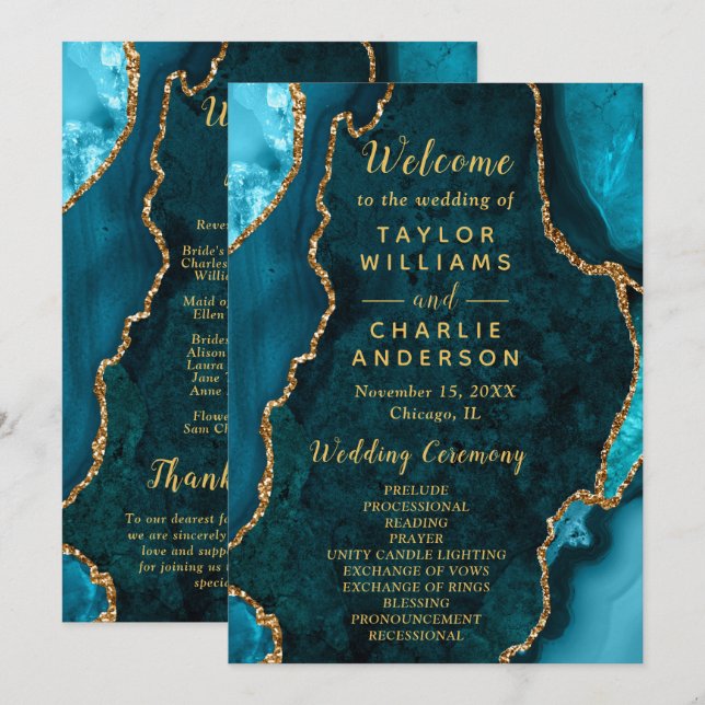 Teal Blue and Gold Agate Wedding Program (Front/Back)