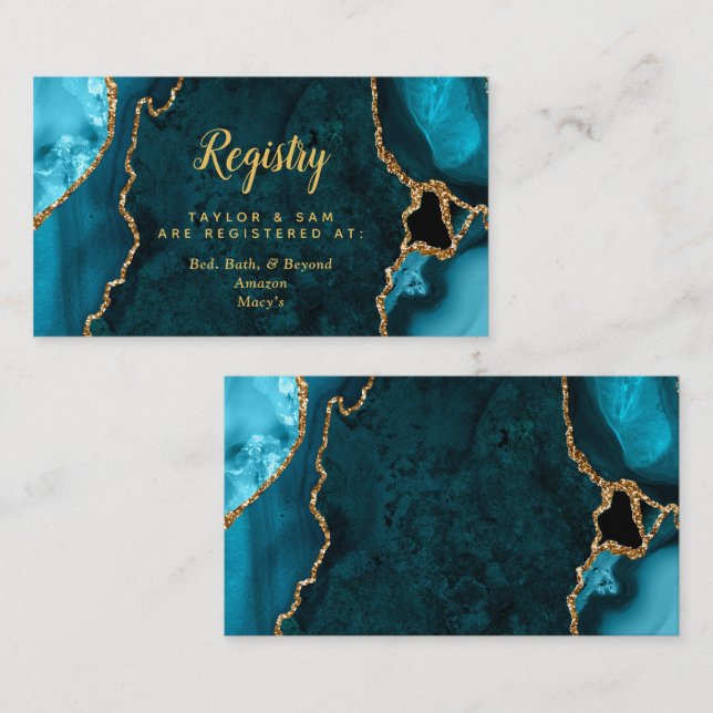 Teal Blue and Gold Agate Wedding Registry Enclosure Card (Front/Back)